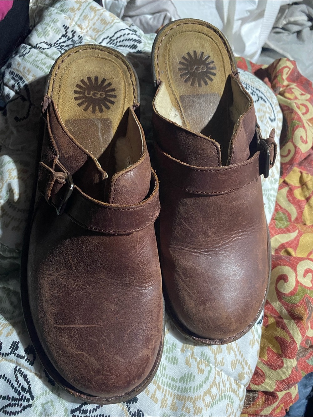 UGG Brown Leather Slip-On Mule Clogs with Buckle Sz 10